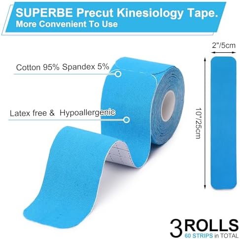 SUPERBE Precut Kinesiology Tape (3 Rolls Pack), Elastic Sports Tape for Pain Relief, Muscle Support, Recovery and Physio Therapy, Breathable, Waterproof (Beige Blue Pink)