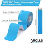 SUPERBE Precut Kinesiology Tape (3 Rolls Pack), Elastic Sports Tape for Pain Relief, Muscle Support, Recovery and Physio Therapy, Breathable, Waterproof (Beige Blue Pink)