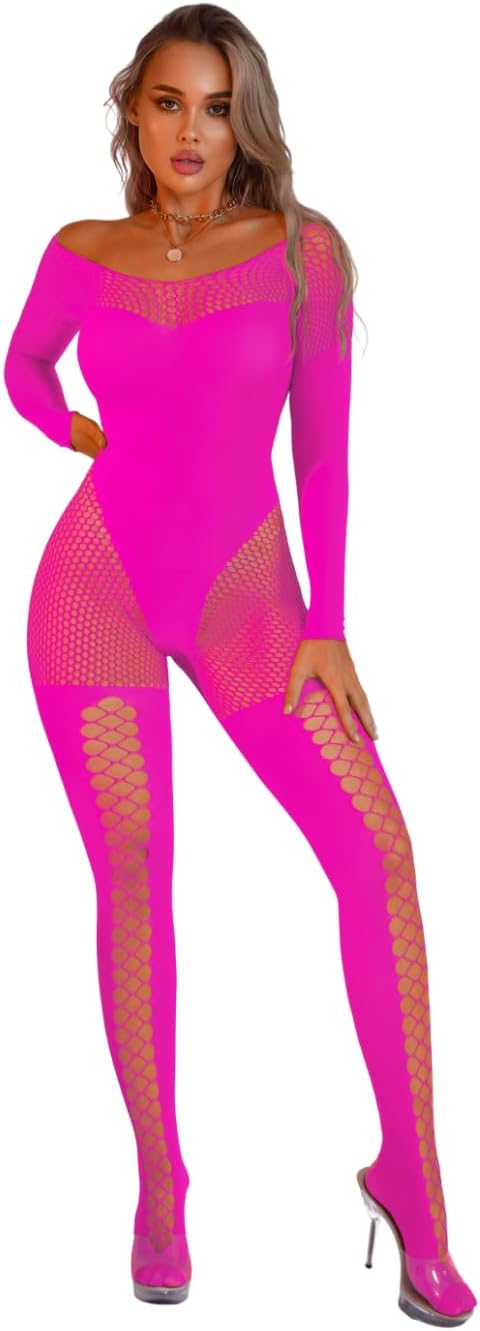 Womens Sexy Full Fishnet Bodysuit, One Piece Mesh Lace Jumpsuit Body Stockings, Rave Club Poster Exotic Dancer Outfit