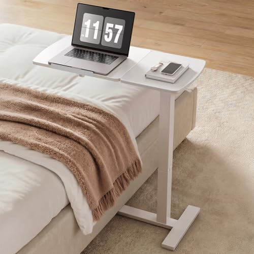 Sakugi Overbed Bedside Table with Wheels, Height Adjustable Laptop Desk, Hospital Bed Table with Right-Side Tilt Top, Rolling Bed Tray for Home & Office,27.6" L x 12.9" D x 29.1"–39" H, White