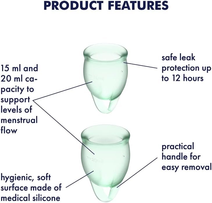 Satisfyer Feel Confident Menstrual Cup - Reusable Period Cup with Removal Ring - Soft, Flexible Body-Safe Silicone, Easy Insertion & Removal - Includes 2 Cup Sizes for All Flows (Light Green)