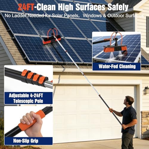 24FT Water Fed Pole Window Cleaning System & Solar Panel Cleaning Kit, Professional Window Washing Kit with Extension Pole, 180° Rotating Brush & Soap Dispenser