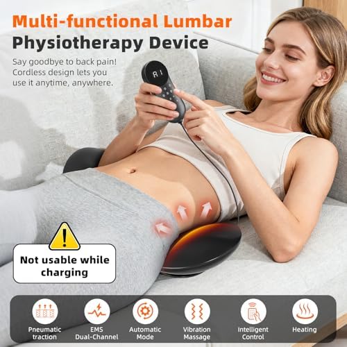 Electric Lumbar Traction Device , Multifunctional Back Traction Device with Dynamic Airbag Traction, Lumbar Stretcher with 3-Level Heat and Vibration Electrotherapy, Adjustable Height with Remote