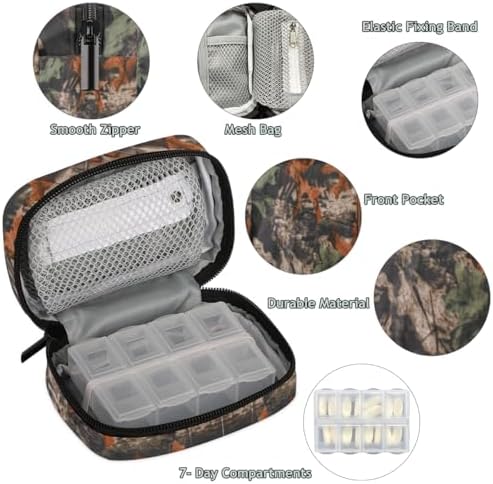 Forest Tree Camo Camouflage Pill Box Small Pill Travel Organizer 7 Day Weekly Medicine Pill Case Cute Compact Size Vitamin Container Pill Bottle Portable Pill Holder Bag with Zipper