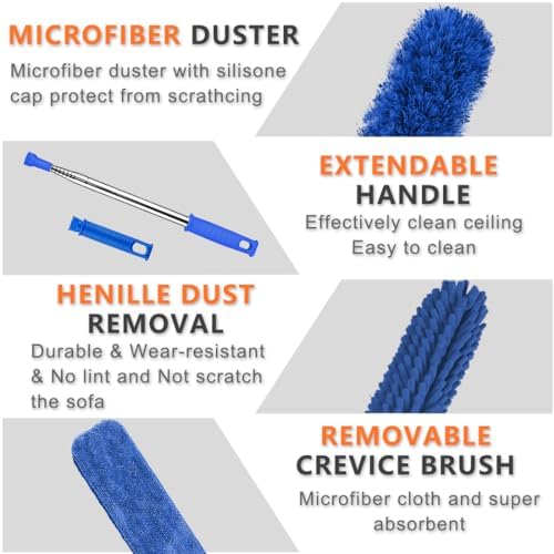 Professional Microfiber Feather Dusters for Cleaning, 6PCS Extendable Bendable Dusters with 100" Telescopic Pole, Washable & Reusable Cleaning Kit for Ceiling Fans, Blinds, Hard-to-Reach Areas (Blue)