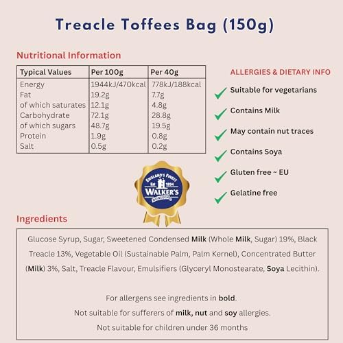 Walkers Nonsuch Treacle Toffees Bag 5.29 oz (Pack of 6) - Chewy Black Treacle English Toffee Candy, Traditional English Sweets, Gluten Free British Butter Candy, Imported from UK