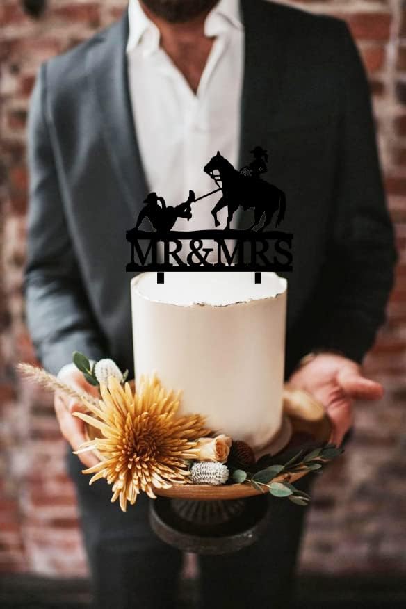 Funny Cowboy Wedding Cake Topper,Cowboy Bride Traps Groom to Get Married,Farmer Couple Cake Decor, Rustic Horse Wedding Cake Topper