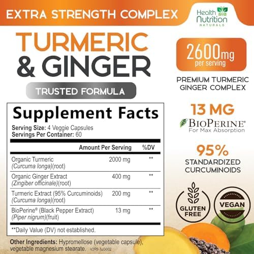 Turmeric Curcumin Supplement - 2000mg Organic Turmeric & 400mg Organic Ginger per Serving - 95% Curcuminoids & BioPerine Black Pepper for Best Absorption & Joint Support, Bottled in USA - 240 Capsules