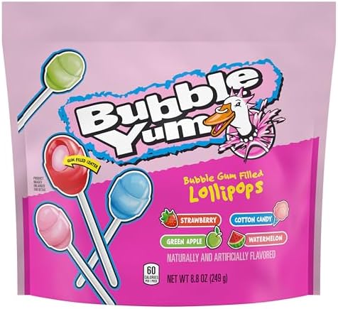BUBBLE YUM Assorted Flavored Bubble Gum Filled Lollipops, Candy Bag, 8.8 oz