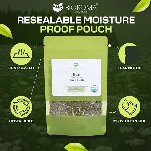 Biokoma Organic Rue Dried Herb 50g Premium Loose Leaf Ruta Graveolens USDA Organic Herbal Tea Aromatic Sachets Spiritual Use Resealable Moisture Proof Pouch No Additives No Preservatives No GMO Kosher