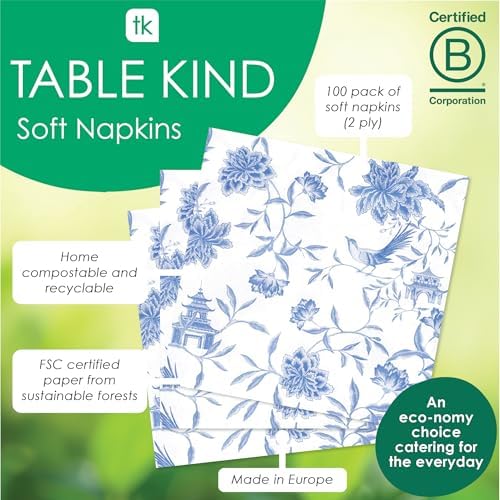 Talking Tables 100 x Bulk Pack Soft Blue Chinoiserie Paper Napkins, Disposable Party Serviettes for Birthday, Weddings, Everyday Tableware, Catering, Recyclable Made in EU 2ply 33cm