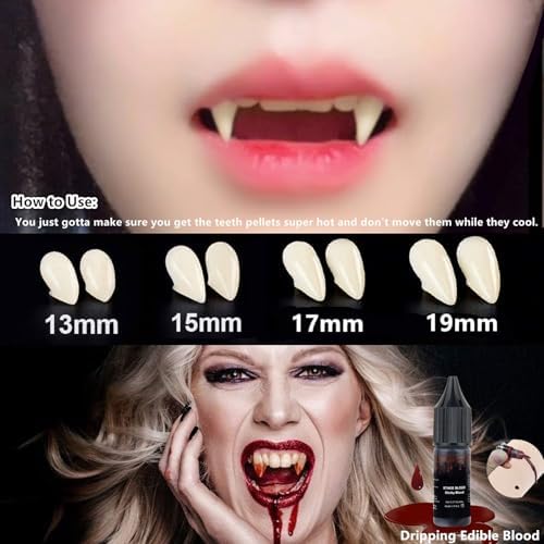 Go Ho Vampire Fangs Teeth with Adhesive and Fake Blood Makeup,Sticky Edible Blood,Black Lipstick,4 Pairs 4 Sizes Fangs,Vampire Makeup for Halloween Costumes Cosplay