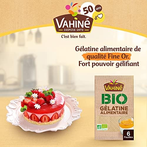 Vahiné Organic Gelatin Sheets – Premium Gold Grade (230 Bloom) – 6 Sheets (10g) – Unflavored Gelatin – Gelatina Sin Sabor – 吉利丁片 – French Import