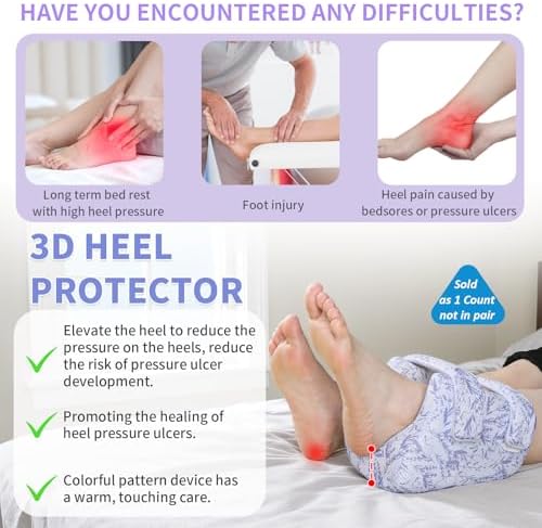 3D Heel Protectors for Pressure Sores with Warm Pattern,Ankle Pillow Foot Support Cushion for Elderly & Bedridden,Use for Home/Hospital Care-Pack of 1PCS (Purple Bamboo Pattern)
