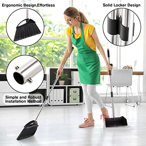 Yangbaga Long Handled Dust Pan and Broom Set for Home,Heavy Duty Metal Dustpans and Brooms,Upright Stand Up Design,54"Outdoor Broom and 38" Dustpan Combo for,Lobby Floor, Yard,Home Kitchen Office Use