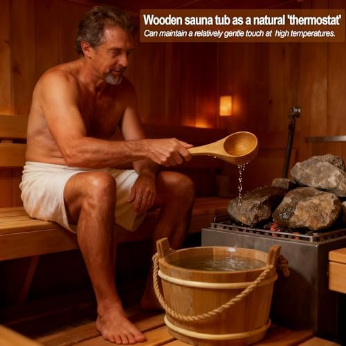 Sauna Bucket and Ladle Set, 4L Wooden Sauna Bucket with Long Handle Spoon, Luxury Saunas Accessories Kit for Bathrooms, Saunas & Steam Baths