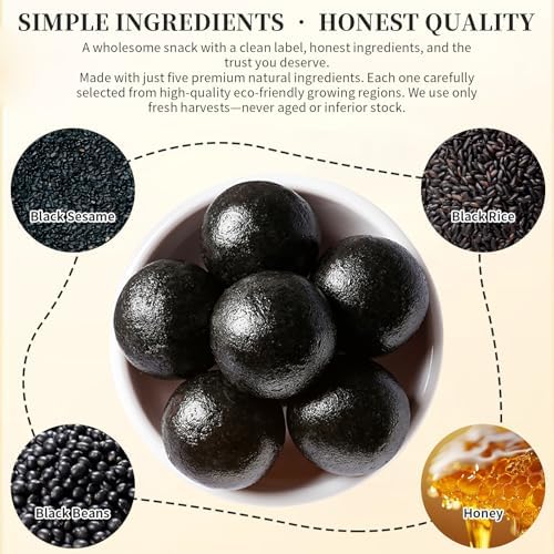 CHADUO Black Sesame Balls Handmade No Additives Sesame Snacks with Black Sesame Seeds Black Beans Black Rice Hair Support & Natural Shine 9.88oz/280g Roasted Sesame & Honey Aroma–Subtly Sweet, Lightly Cloying 黑芝麻丸 手工黑芝麻丸