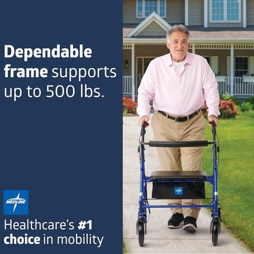 Medline Large Steel Bariatric Rollator Walker with Adjustable Handles, Padded Seat & Backrest, Blue, 500 lb. Weight Capacity, Foldable, Under Seat Storage, 8" Wheels, for Seniors & Adults
