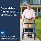 Medline Large Steel Bariatric Rollator Walker with Adjustable Handles, Padded Seat & Backrest, Blue, 500 lb. Weight Capacity, Foldable, Under Seat Storage, 8" Wheels, for Seniors & Adults