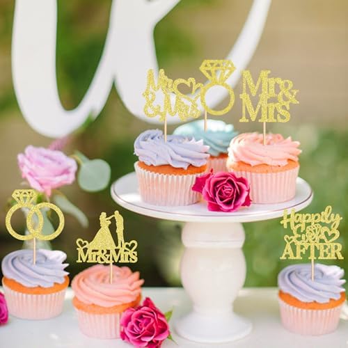 24 PCS Mr & Mrs Cupcake Toppers Wedding Engagement Party Picks Bridal Shower Anniversary Party Cake Decorations Supplies