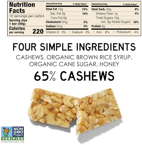 South 40 Snacks Crunchy Cashew Bar, Just 4 Ingredients, Touch of Honey (40g Bar, Pack of 12)