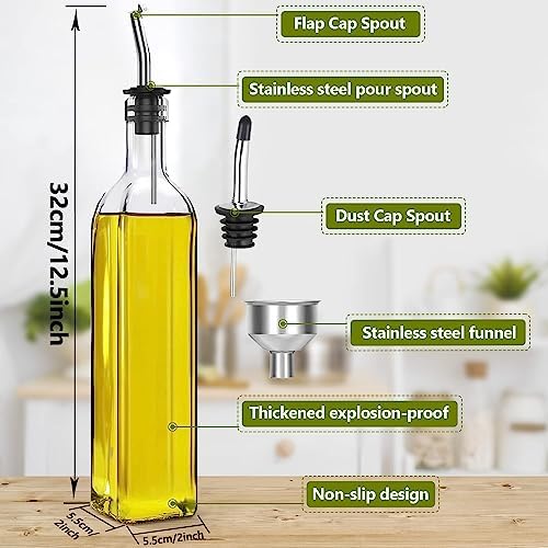Showvigor Olive Oil Dispenser, 17oz/500ml Square Tall Glass Container With 2 Stainless Steel Pourers, 2 Labels, 1 Brush and 1 Funnel for Kitchen