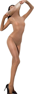 RUIBAVYA Body Stockings for Women Sexy Full Body Tights Oil Shiny Bodystocking High Neck Nylon Catsuit Shimmer Bodysuit