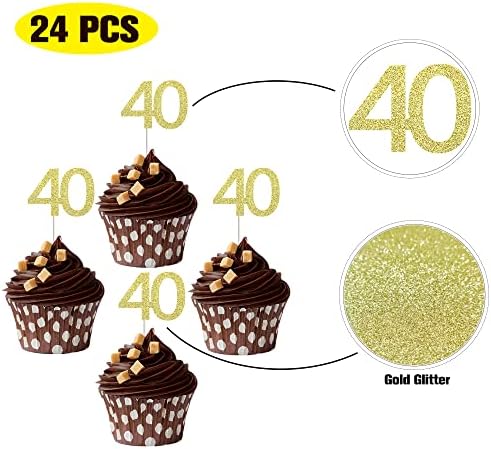 Sumerk 24PCS 40 Cupcake toppers Gold Glitter 40th Birthday Cupcake Picks Anniversary Party Decorations