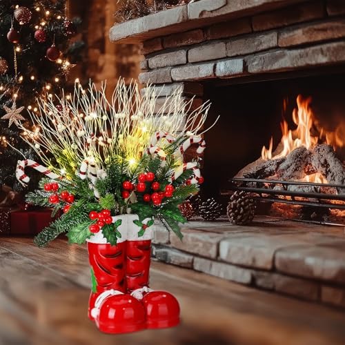 Vesici 25 Inch Christmas Santa Boots with Christmas Tree Artificial Xmas Tree Santa Boots Plant with Lights Berries Candy Cane Centerpiece Decoration for Home Office Porch Yard Indoor Holiday Decor