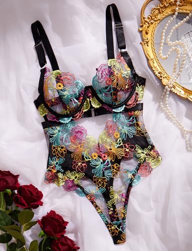 SEAUR Women's Sexy Lace Floral Embroidered Teddy Bodysuit Mesh Sheer One Piece Hollow Out Lingerie