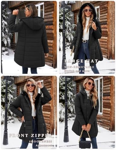 Women's Puffer Coat Winter Long Quilted Jacket Zip Up Fleece Lined Down Jacket Windproof Warm Thicken Hooded Parka Coat