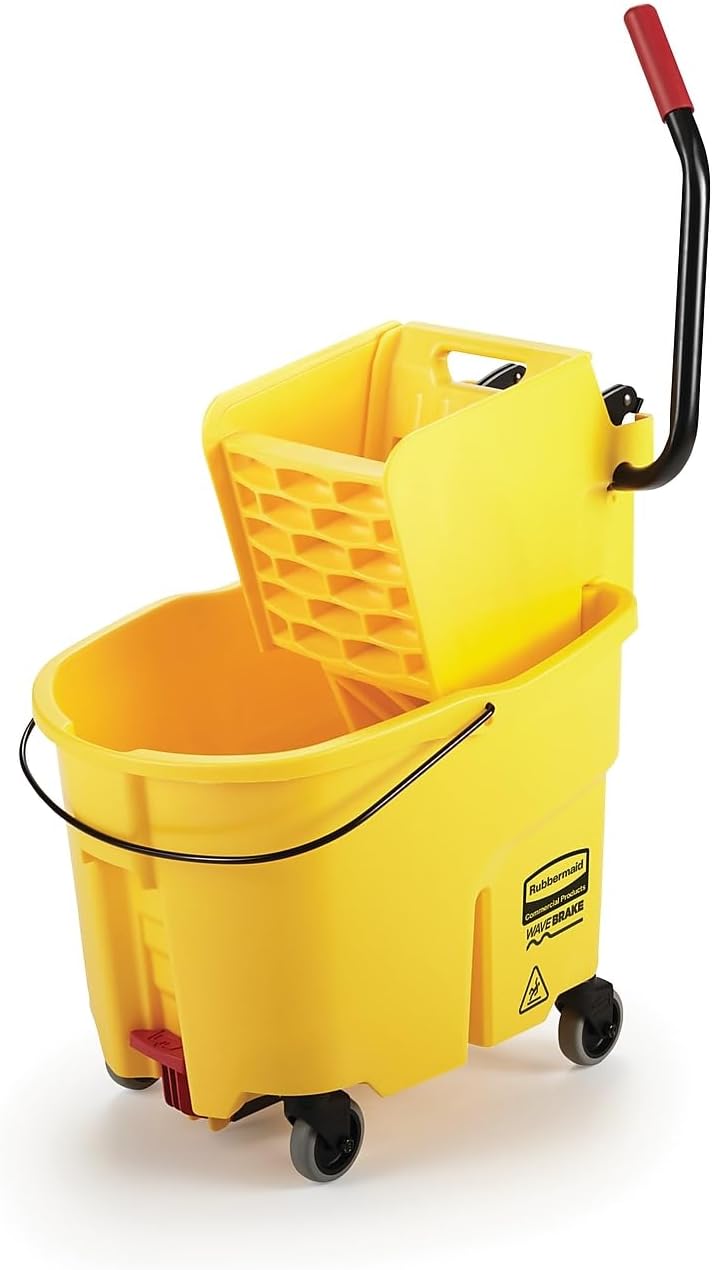 Rubbermaid Commercial 35Qt WaveBrake 2.0 Side-Press Mopping Bucket and Wringer with Foot Pedal Drain, Yellow, for Professional/Industrial/Business Heavy-Duty Floor Cleaning/Mopping