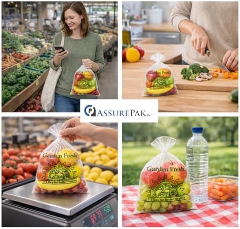 ASSUREPAK Clear Produce Bags Roll - 3000 bags - 15"x20" – (4 Rolls, 8 Microns) – for Grocery, Small Business, Reusable Produce Use, Food & Storage Needs, Garden Fresh, Narrow Profile, Kitchen Use
