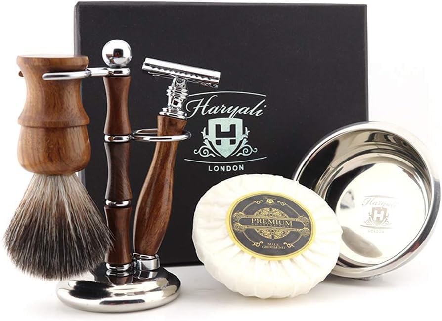 Wooden Mens Shaving Kit Double Edge Safety Razor, Synthetic Badger Hair Brush, Stand, Bowl & Soap Perfect Set for Men