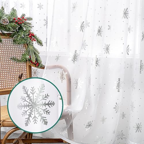 Christmas Sheer Curtains for Living Room, Luxury Snowflake Silver Foil Print Sheer Curtains, Rod Pocket Window Drapes Decorations for Bedroom and Home Decor, 2 Panels White 52W x 84L