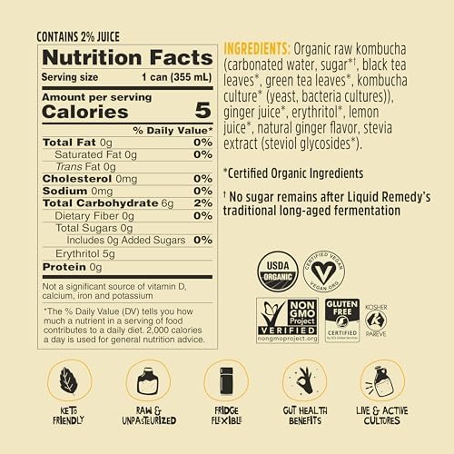 Liquid Remedy Kombucha Sugar Free Organic Drink, Low Calorie, Probiotic Like Tea for Gut Health - Ginger Lemon - 12 Fl Oz Can, 4-Pack