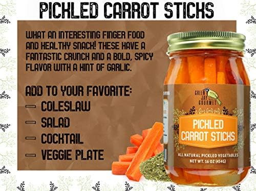 Green Jay Gourmet Spicy Pickled Carrot Sticks in a Jar - Fresh Hand Jarred Vegetables for Cooking & Pantry – Home Grown Pre-Prepared Pickled Carrot Sticks – Simple Natural Ingredients - 16 Ounce Jar