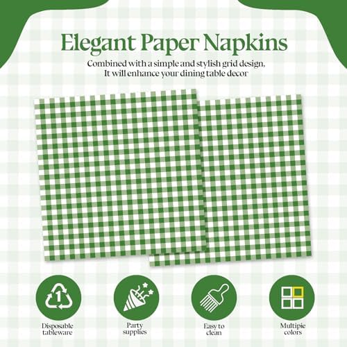 50 Pcs Green Gingham Paper Napkins, Disposable Green and White Checkered Luncheon Napkin Plaid Dinner Beverage Napkin for Picnic Baby & Bridal Shower Wedding Birthday Party Decorations