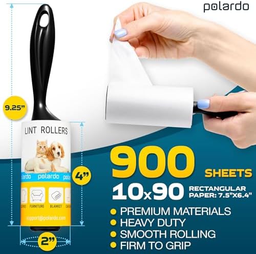 Lint Rollers 2 pcs, 900 Sticky Sheets, Extra 8 Spare Rollers/Hair Remover for Clothes, Furniture, Couch, Carpet, Dog Hair Remover, Cat Hair Remover, Animal Fur, Fuzz