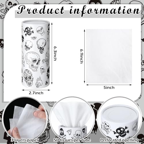 Fourluoo 12 Pack Skull Cylinder Tissues for Car Bulk Gothic Skeleton Round Cylinder Holder with 3 Ply Facial Tissues for Travel Home Bathroom Office Accessories