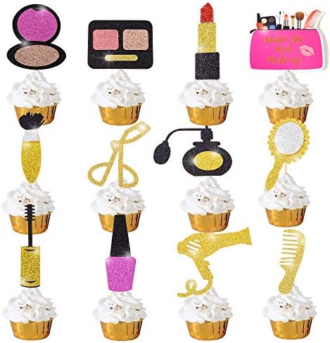 Spa Makeup Cake Cupcake Topper Decorations for Girls Women Happy Birthday Bridal Shower Spa Themed Party Bachelorette Salon 25Pcs Gold Glitter Cosmetics Cake Cupcake Toppers Supplies