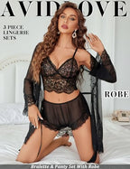 Avidlove Women Sexy Lingerie Set 3 Piece Lace Bralette and Panty Sets With Mesh Kimono Robe Sleepwear Exotic Nightgown