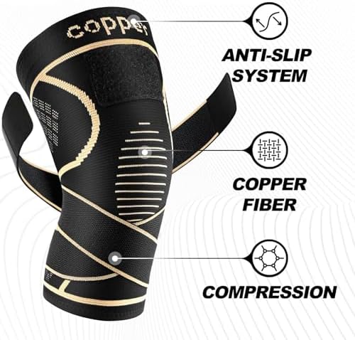JHVW Copper Knee Brace for Women Men 2-Pack, Knee Compression Sleeve with Straps, Knee Braces for Knee Pain, Knee Support for Running Working