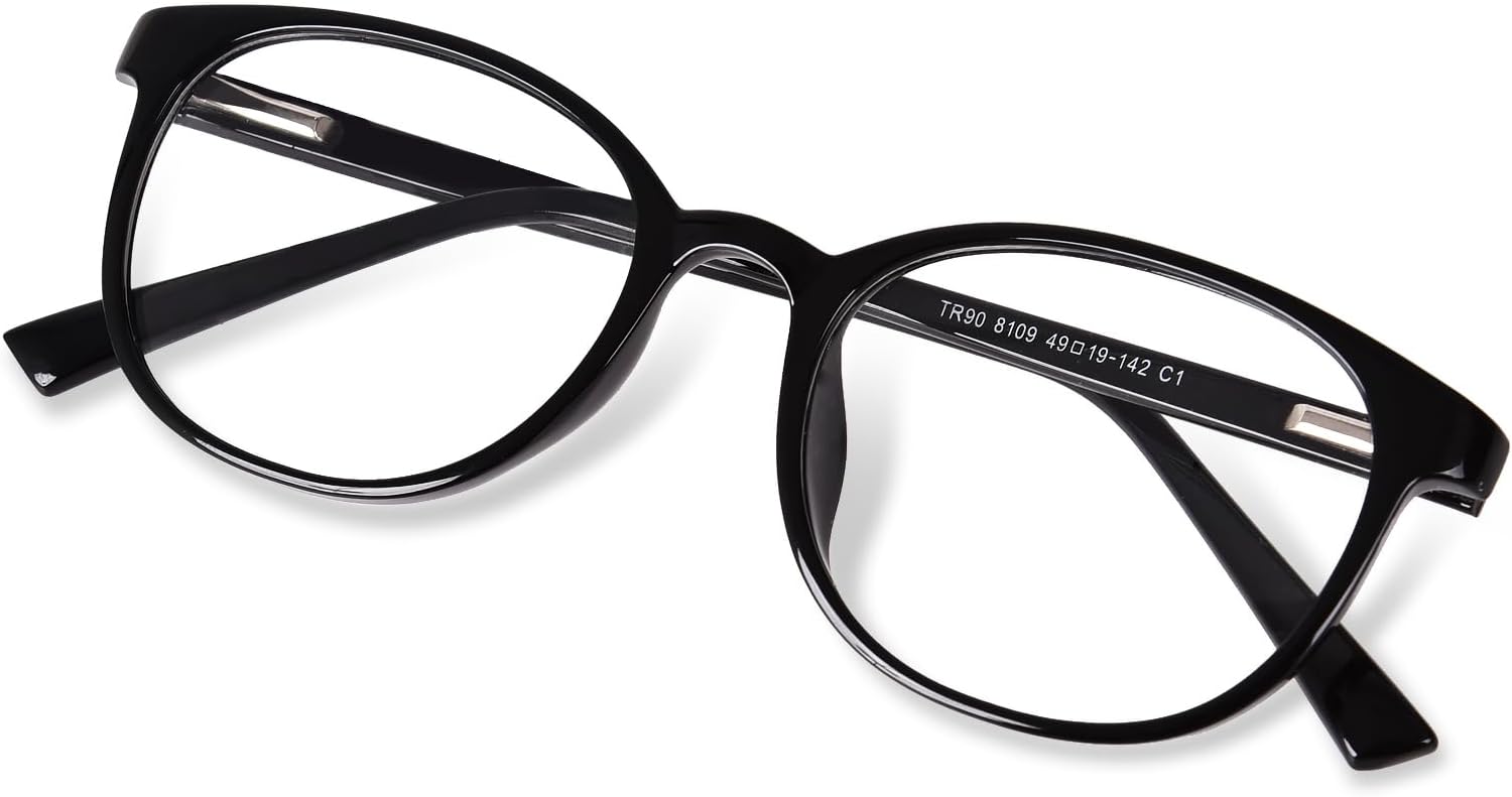 FONHCOO Blue Light Blocking Glasses Women Men Computer Eyeglasses,TR90 Fashion Round Transparent Anti Blue Light Glasses with Anti Eyestrain & UV Glare for Gaming & Reading (Shiny Black)