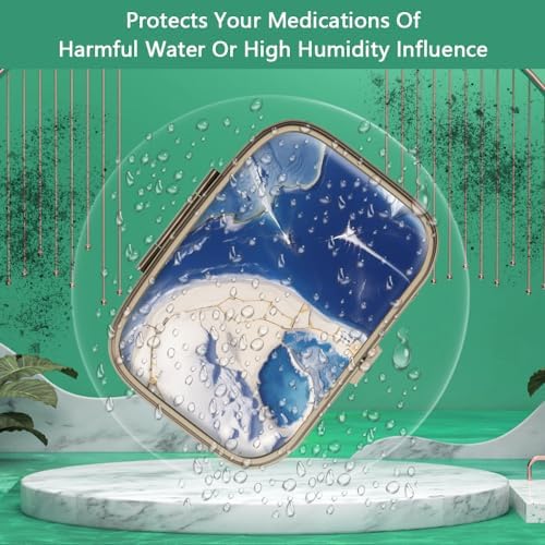 Pill Case Pill Box with Mirror Retro 2 Compartment Small Pill Case for Purse or Pocket Bronze Rectangular Pill Box or Vitamins, Fish Oil, Supplements, Pill Containe Travel Gifts（Marble Paint）