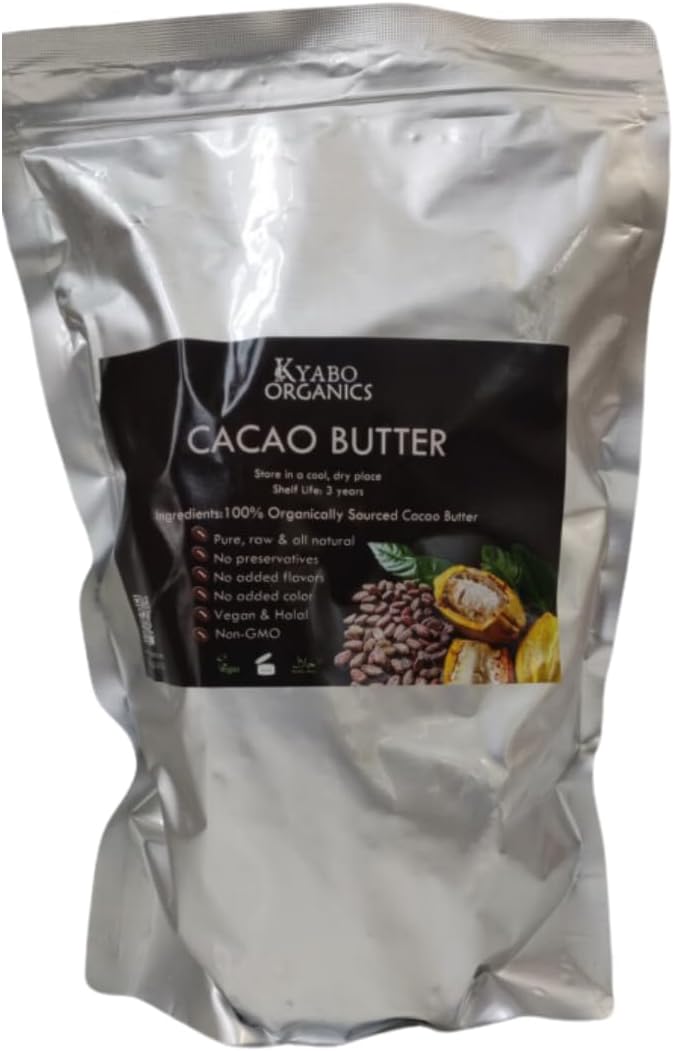 Kyabo 100% Pure and All Natural Cocoa Butter - 3lb - Food Grade - great for making lip balm, cream, hair products, candle, hair removal and craft projects - Made with Organic Cacao