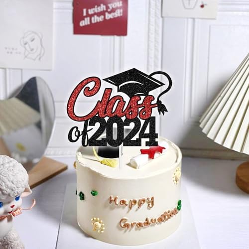 Aeryourtar Class of 2024 Cake Topper, Congrats Grad 2024 Graduation Cake Decor, High School/College Graduate Celebration Party Decoration Supplies, Black and Red Glitter