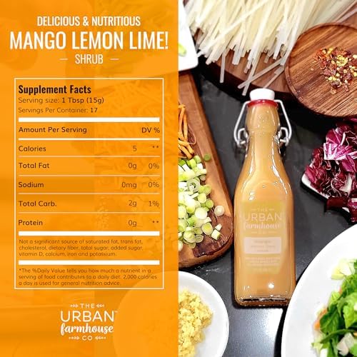 The Urban Farmhouse Co Organic Vinegar Shrub – Mango Lemon Lime, 9 oz Bottle – Small Batch Drinking Vinegar with Apple Cider Vinegar & Citrus Fruits – Cocktail Mixer, Gut Health Tonic, No Sugar Added