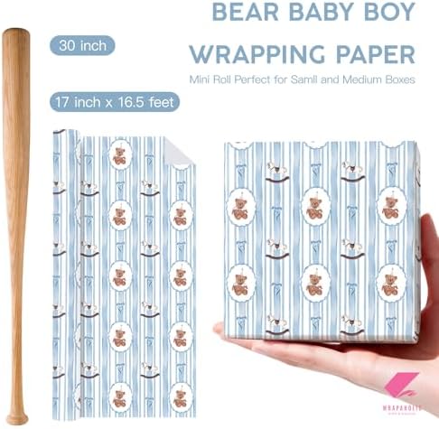 WRAPAHOLIC Bear Baby Boy Wrapping Paper Roll - Mini Roll - 17 Inch x 16.5 Feet - Teddy Bear, Toys and Blue Bow Wrapping Paper for Baby Shower, Newborn Celebration, Kids Birthdays, Gender Reveal