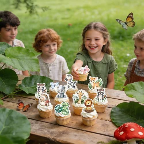 60Pcs Edible Jungle Safari Animal Cupcake Toppers Wafer Paper Green Leaf Woodland Animal Cupcake Kids Baby Shower Birthday Party Decoration Supplies